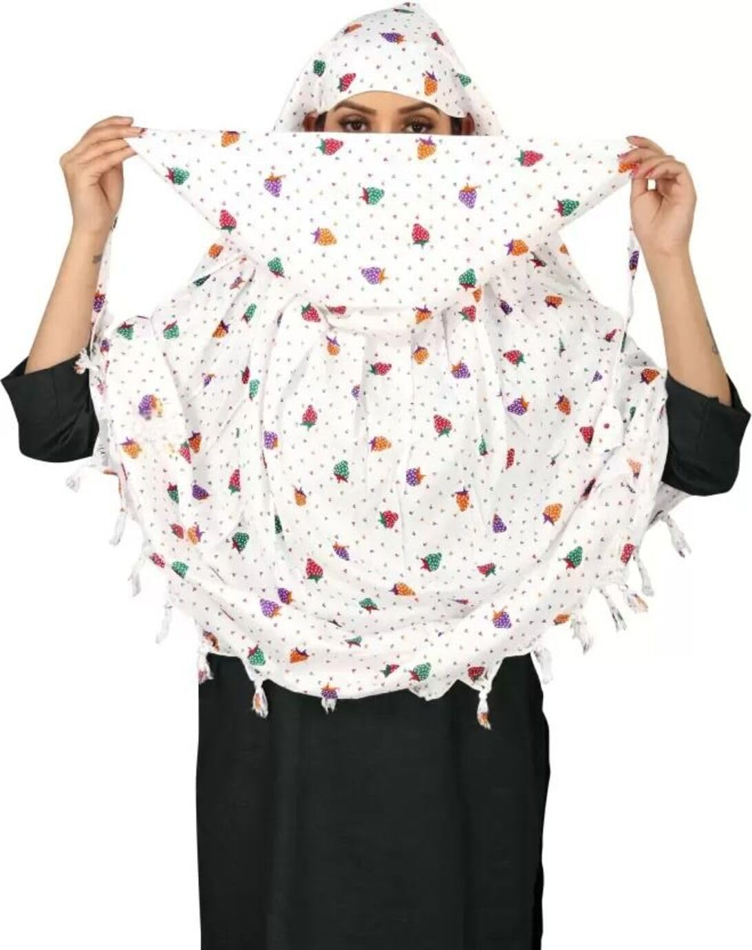 Vinsh Enterprise Cotton Long Scarf Cum Mask Scarves Usable for Vehicle Driver | White Printed Design | Universal Size | For Girl & Women | Soft & Breathable Sun Protection (STRAWBERRY)