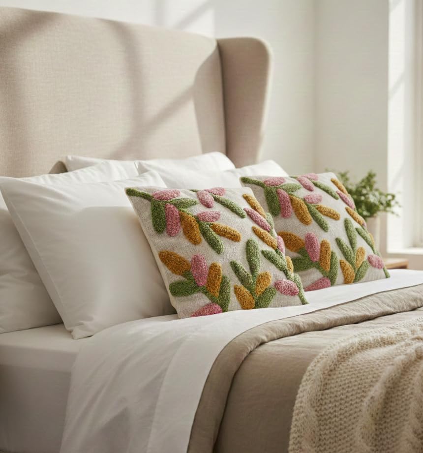 Furnistitchs Premium Decorative Throw Cushion Pillow Cover Boho Home Decor - Living Room Bedroom Couch Sofa Cushion Covers 16 inch x 16 inch (1, Green Leaves)