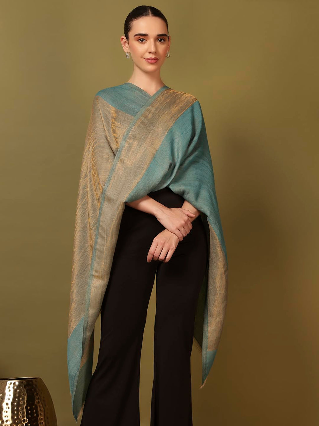 Pashmoda Women Midnight Bronze Reversible Zari Moonlight Fine Wool Stole (Size : 28x80in, 71X203cm) ZSST04