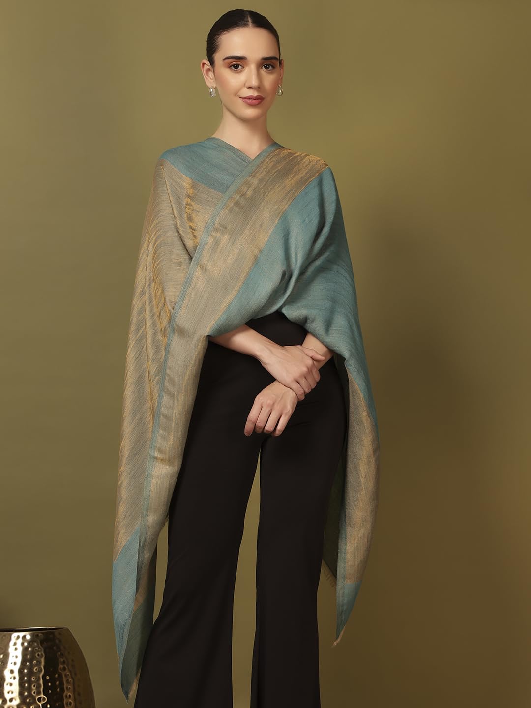 Pashmoda Women Midnight Bronze Reversible Zari Moonlight Fine Wool Stole (Size : 28x80in, 71X203cm) ZSST04