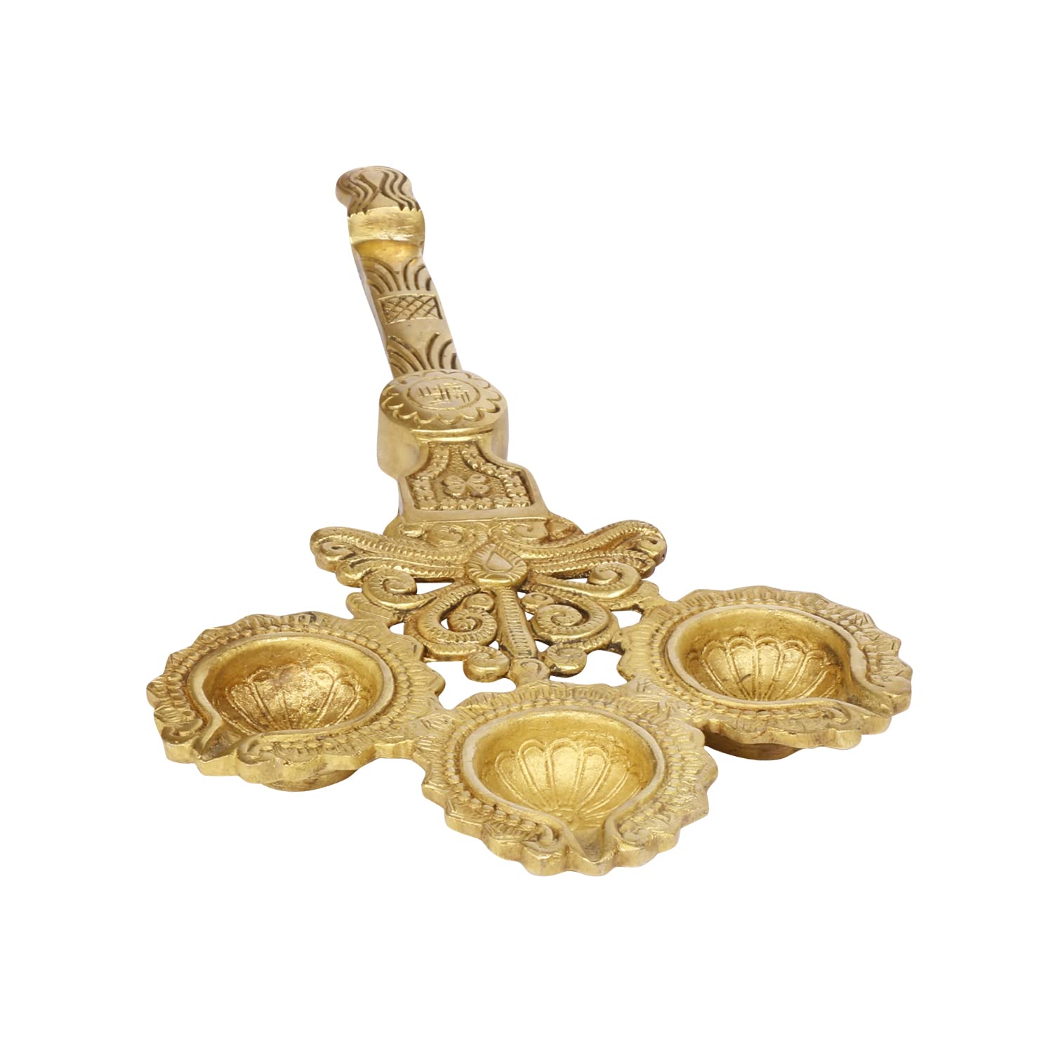 Artvarko Brass 3 Wick Diya with Handle for Aarti Pooja Incense Burner Loban Holder 6x12 Inches