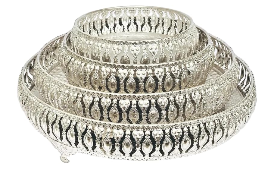 Decorative German Silver Tray Set of 4 Sets Designer Set Trays I Gifting Trays Set [Display for Home Wedding and Festive Decor Size 10 inch 8 inch 6 inch 4 inch. Without Stand Flat Trays.