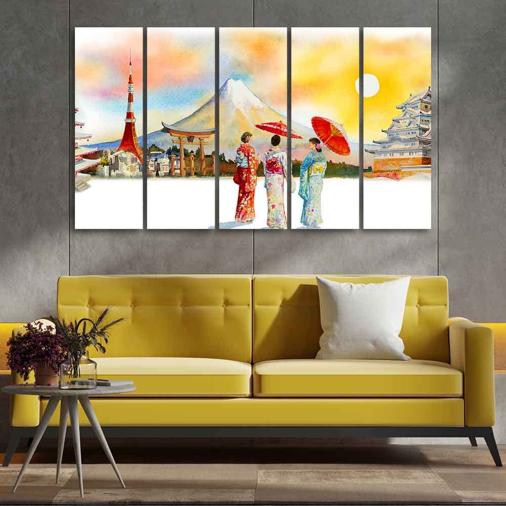 VIBECRAFTS Famous Places of Japan Canvas Wall Painting of Five Pieces For Home|Office|Living Room|Gift (PTVC5Pcs4_8666)