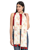 Ravaiyaa - Attitude is everything Women Off White & Peach Hand Block Rose Printed Cotton Tasseled Scarf 71 X 21 Inch