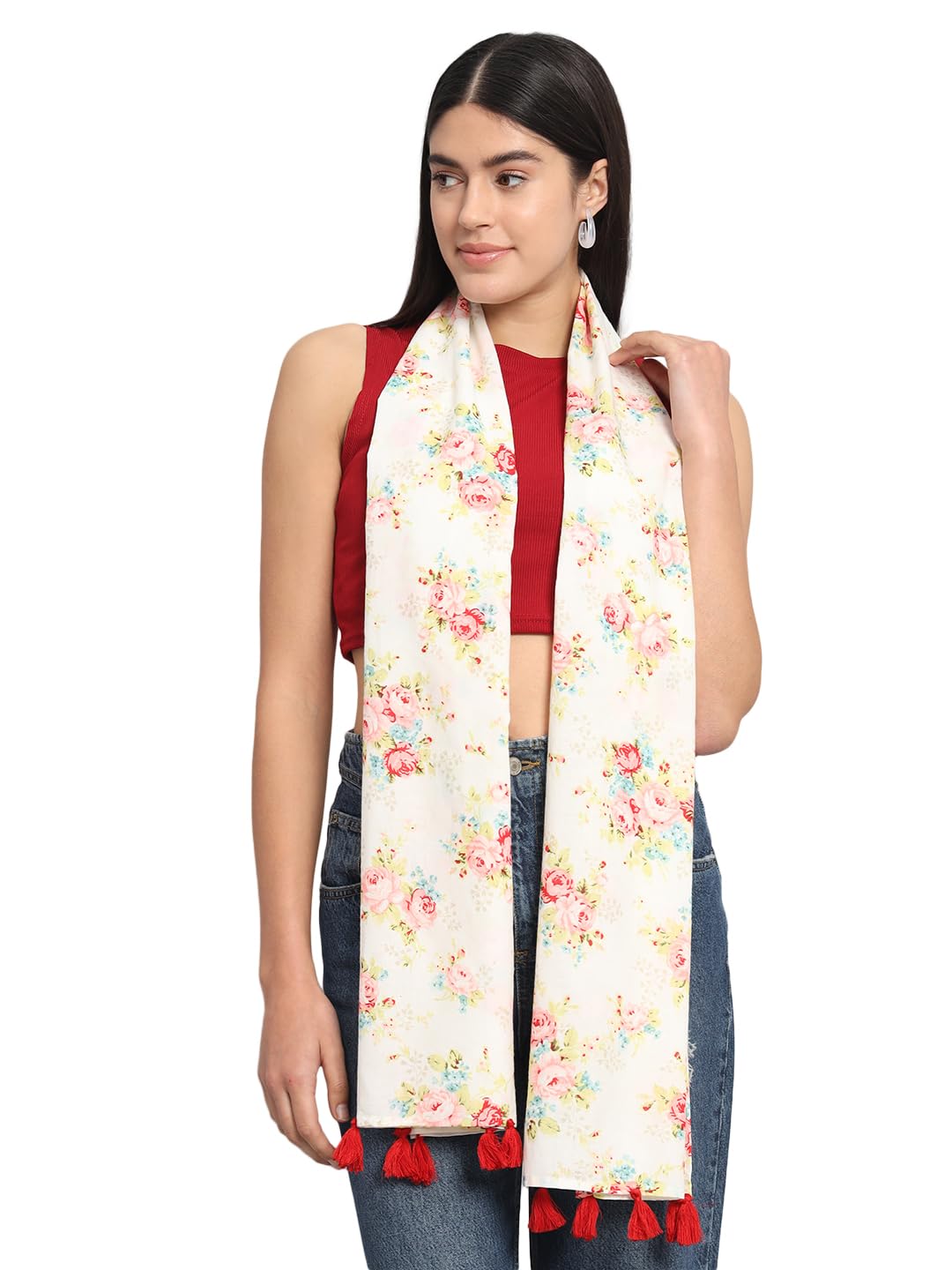 Ravaiyaa - Attitude is everything Women Off White & Peach Hand Block Rose Printed Cotton Tasseled Scarf 71 X 21 Inch