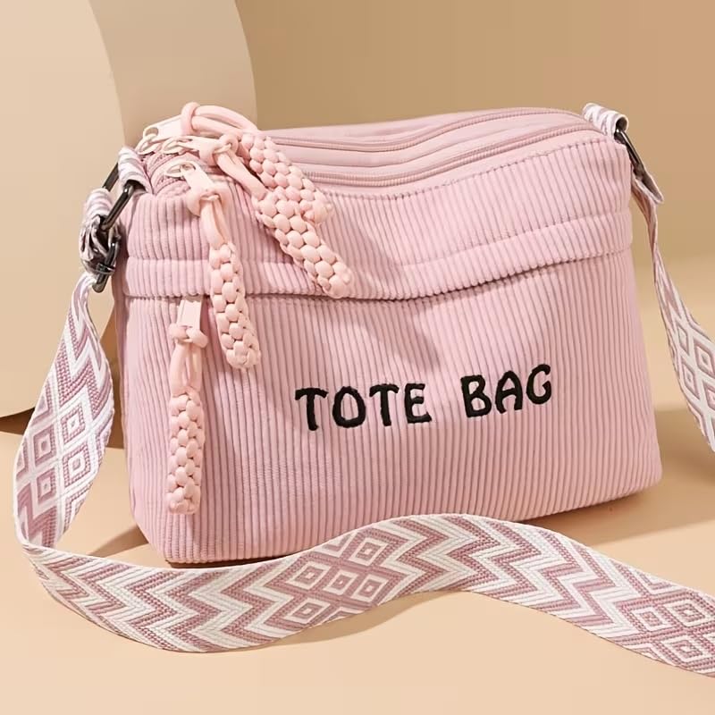 Street27 Women’s Premium Corduroy Tote Bag with Adjustable Wide Strap, Multi-Pocket Crossbody & Shoulder Handbag, Lightweight Everyday Carry with Secure Zipper Closure | (Pink)