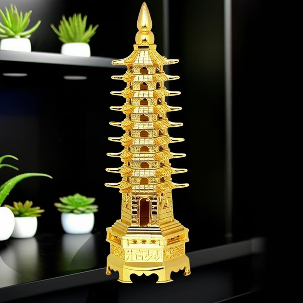 ART FLAUNTS Education Tower Feng Shui for Students, Pagoda Tower Vastu Items for Good Luck and Academic and Business Success, Fengshui Items, 13 Cm, Golden