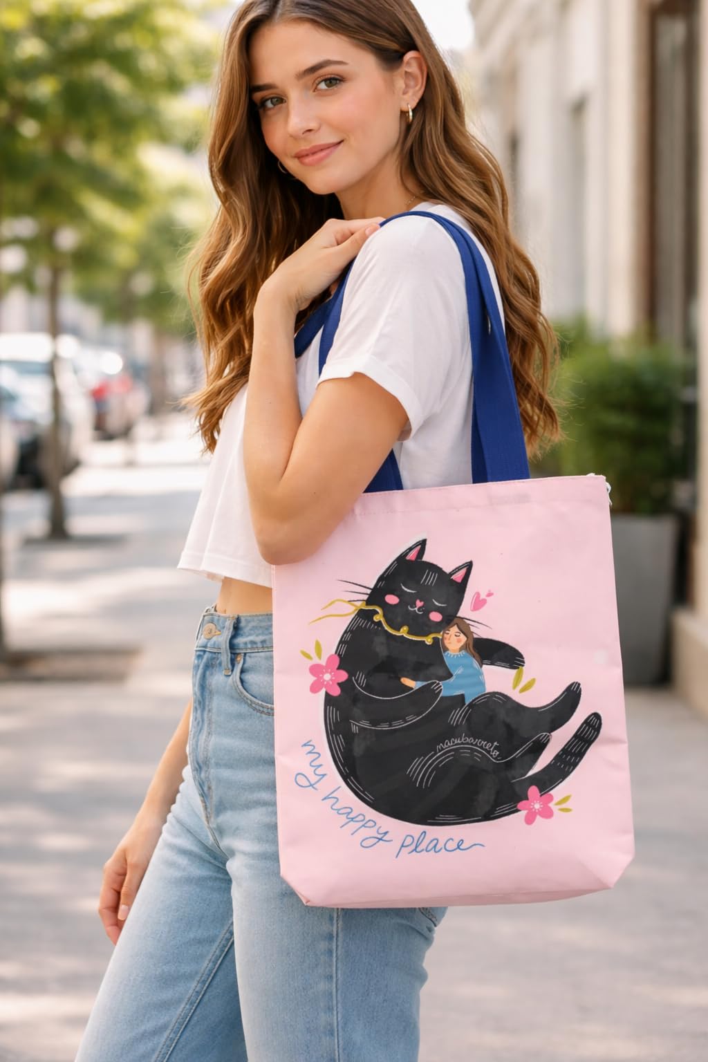 THE SACK CO. Large Canvas Tote Bag for Women, Tote Handbags for Women with Zipper & for College, Shopping, Office (tsc-My Happy Place Cat Tote Bag)