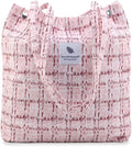 Lyrovo Women Corduroy Shoulder Tote Bag for Work Beach Travel and Shopping Grocery (Pink Checkered)