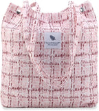 Lyrovo Women Corduroy Shoulder Tote Bag for Work Beach Travel and Shopping Grocery (Pink Checkered)