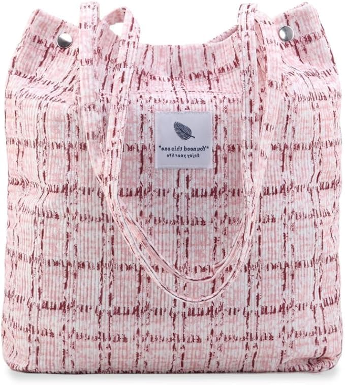 Lyrovo Women Corduroy Shoulder Tote Bag for Work Beach Travel and Shopping Grocery (Pink Checkered)