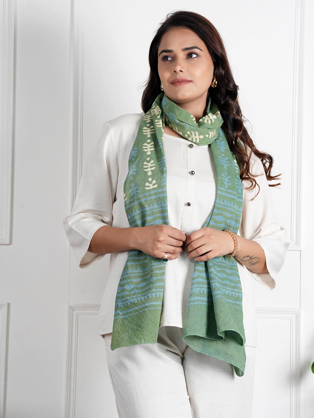 RAI SAHAB Women's Cotton Hand Block Printed Casual Stoles/Scarf(ST-75GREEN10)