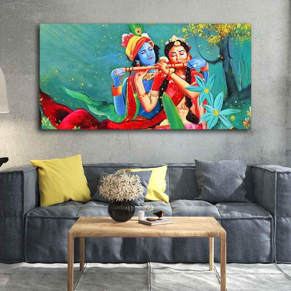 VIBECRAFTS Canvas Paintings for Living Room Drawing Room Abstract Art Radha Krishna Canvas Wall Painting Fitted With Wooden Frame For Home | Office | Living Room | Gift (PTVCH_2477)