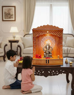 Bien Verrerie Wooden Home Temple with LED Light, 5.2mm MDF Wood, Om Symbol Design, 20x15x7.6 Inches, Storage Shelf Door, Pooja Mandir for Home and Office