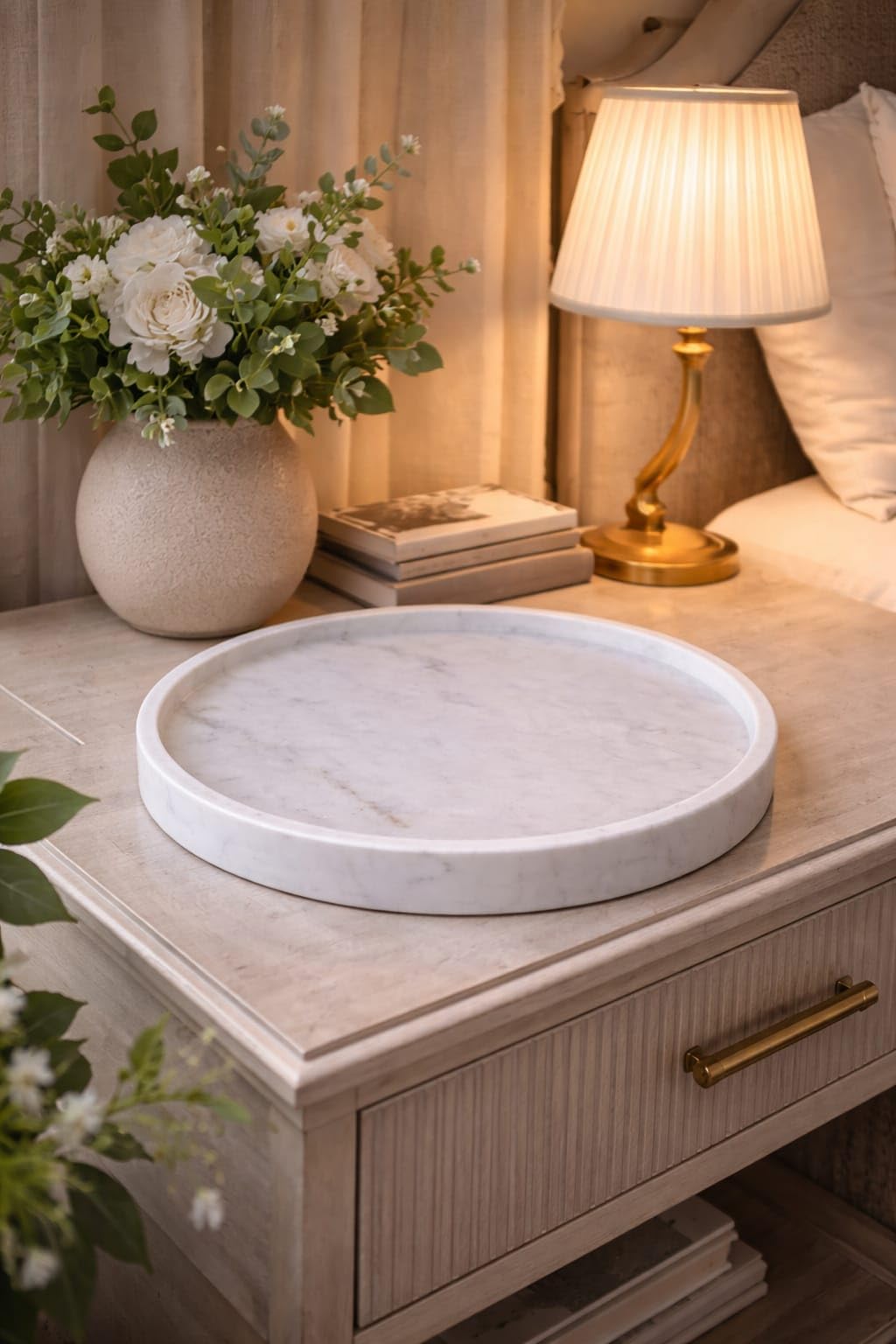 Premium White Marble Round Serving Tray, Decorative Centerpiece for Coffee Table, Kitchen & Dining, Handmade Marble Decor for Home & Gifts
