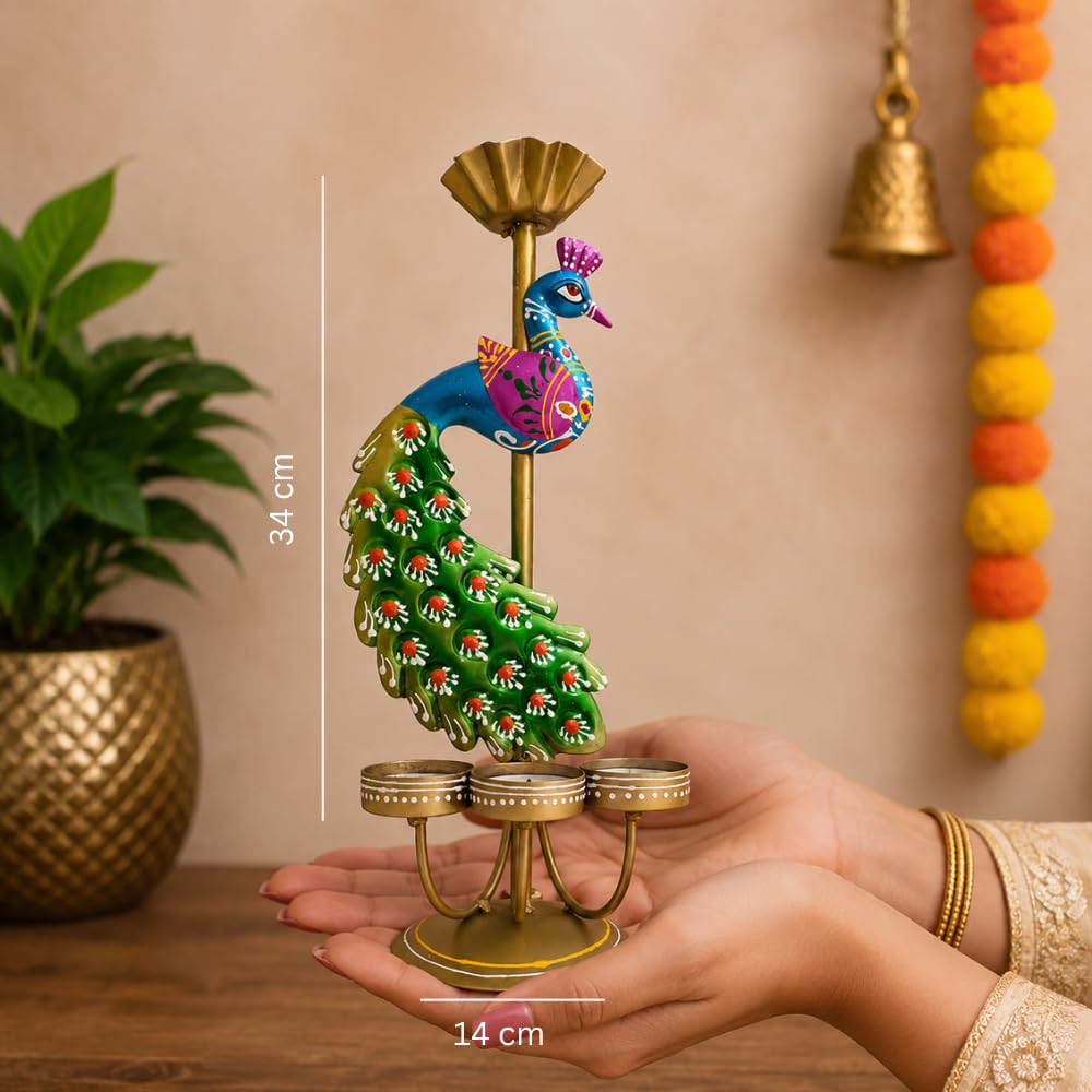 NOVERA MATERIALS Peacock Candle Holder Set of 2 | Handcrafted Metal Tea Light Stand with Colourful Peacock Design for Living Room, Table, Festive Décor & Gifting (Peacock Candle Light)