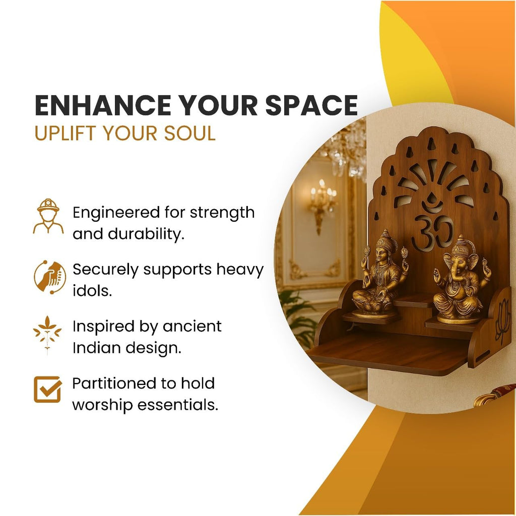 HOMEWEY DECOR Handcrafted Wooden Home Temple for Wall Mount | Premium Pooja Mandir with Strong Support for Heavy Idols | Luxurious Finish Wooden Mandir for Home Office and Prayer Room (Style-01)