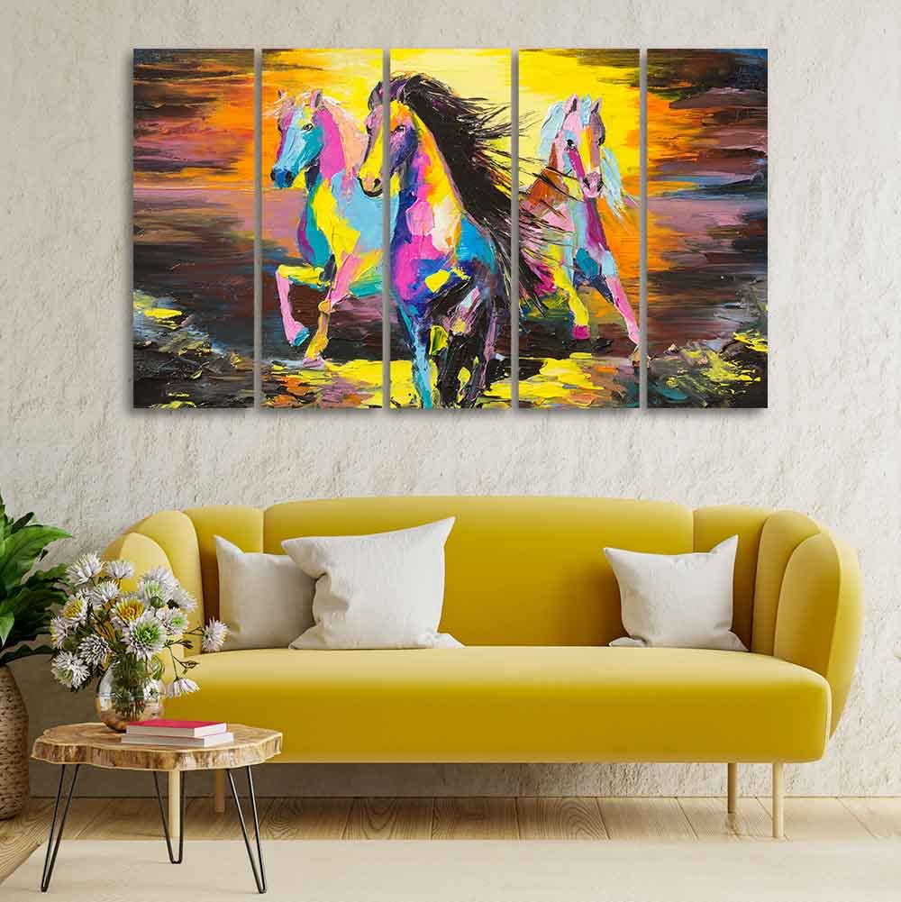 VIBECRAFTS Three Running Horses Abstract Art Canvas Five Pieces Wall Painting For Home|Office|Living Room|Gift (PTVC5Pcs4_8586)