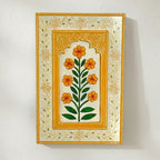 ATRANGI STUDIO Marigold Yellow Wooden Wall Frame | Handpainted Jharokha Style Floral Wall Hanging | Rajasthani Traditional Art | Framed Wall Painting for Living room, Bedroom, Office | 12×8 Inch