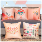 Vendola Decorative Satin Sofa Cushion Covers Set of 5, 16 inch x 16 inch, Sofa Cushion Pillow Cover, Pink, Beige and Red Colour, Floral Design, Zipper Closure (Flos, 16X16 Inches)
