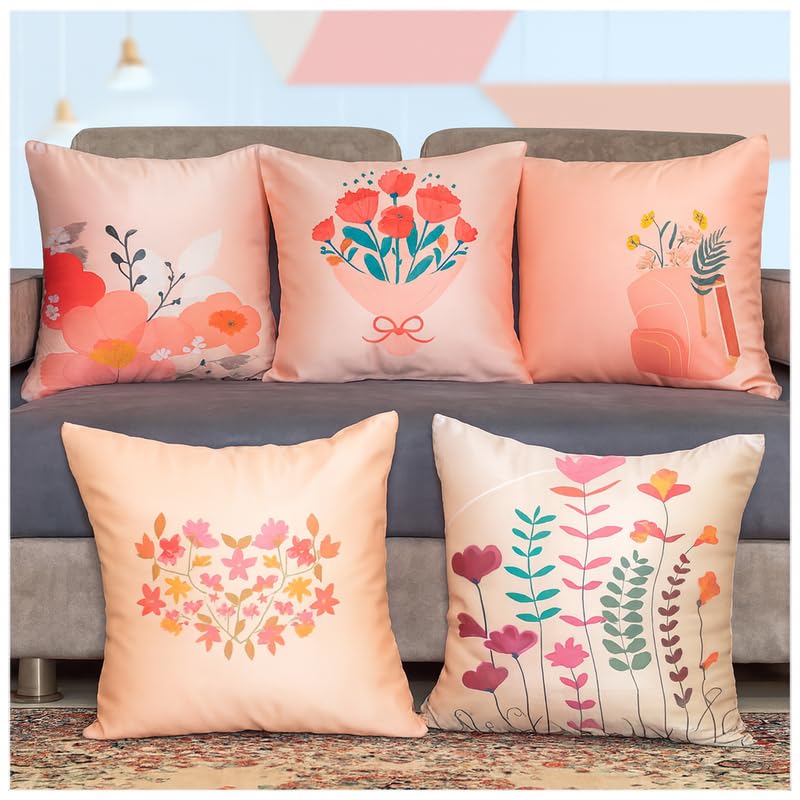 Vendola Decorative Satin Sofa Cushion Covers Set of 5, 16 inch x 16 inch, Sofa Cushion Pillow Cover, Pink, Beige and Red Colour, Floral Design, Zipper Closure (Flos, 16X16 Inches)