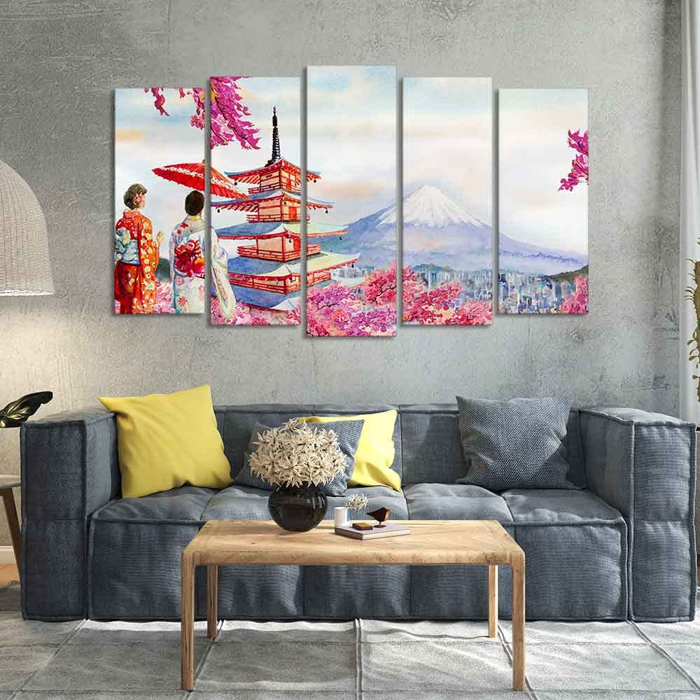 VIBECRAFTS Women in Kimono Canvas Wall Painting Set of Five For Home|Office|Living Room|Gift (PTVC5Pcs2_6546)