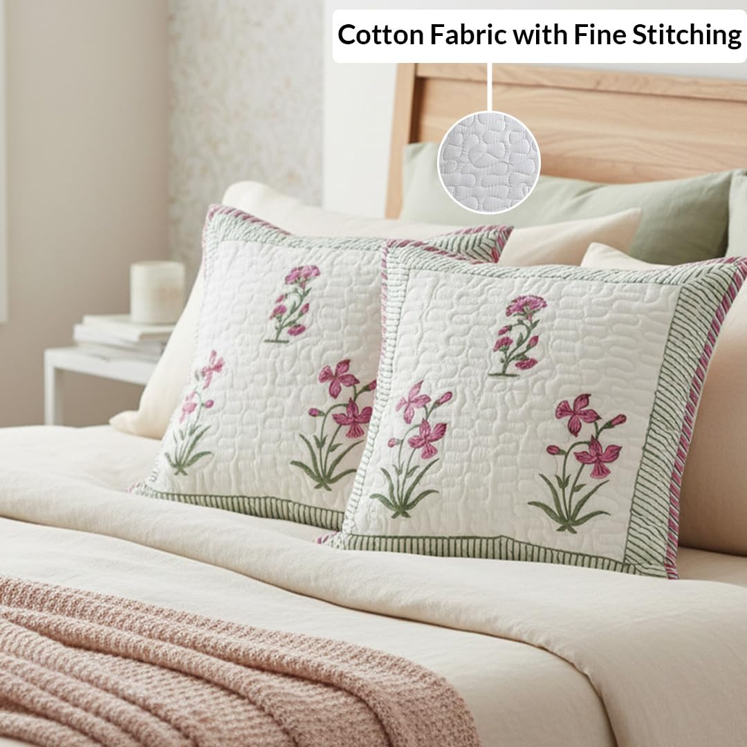 HOMEMONDE Premium Cotton Cushion Cover - Quilted Soft 16 X 16 Inches Square Pillowcase Floral Hand Block Print, Pink, Pack Of 1, 300 TC