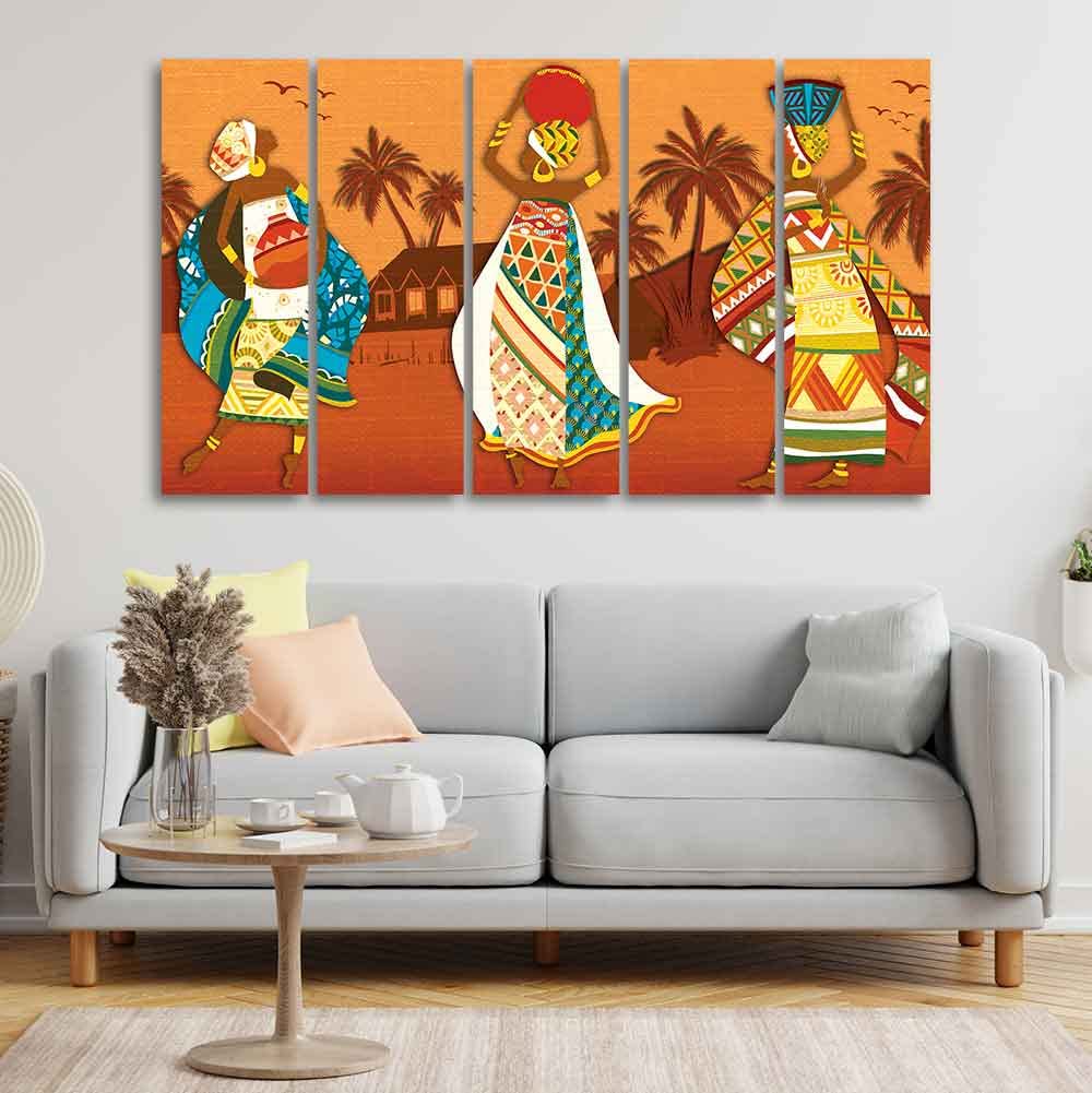 VIBECRAFTS Premium Canvas Wall Painting of African Lady Dancing Set of Five For Home|Office|Living Room|Gift (PTVC5Pcs4_8679)