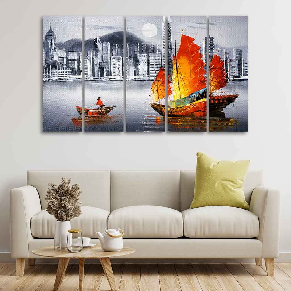 VIBECRAFTS Premium Wall Painting of Victoria Harbor, Hong Kong Set of Five For Home|Office|Living Room|Gift (PTVC5Pcs4_8637)