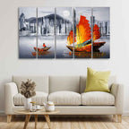 VIBECRAFTS Premium Wall Painting of Victoria Harbor, Hong Kong Set of Five For Home|Office|Living Room|Gift (PTVC5Pcs4_8637)