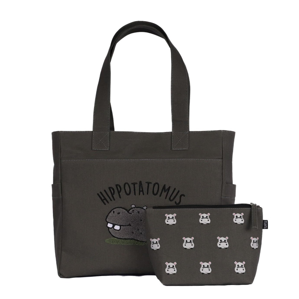 TSANTA U-Shaped Canvas Tote Bag with Pouch Combo (Large, Hippo Design) | Cotton Shoulder Bag with Zipper, Laptop Compartment & Organizer Pockets | Reusable Travel, Office & Everyday Bag for Women