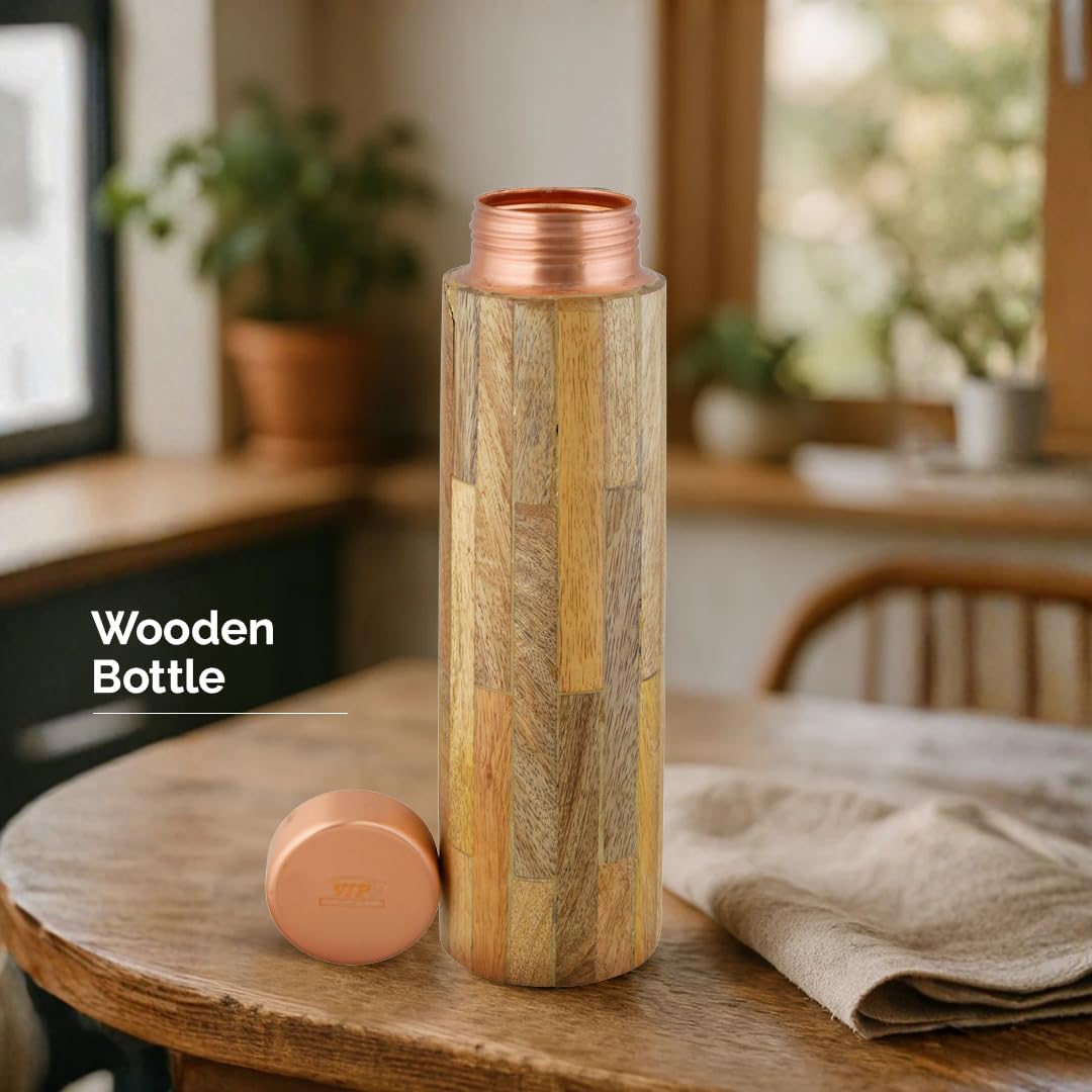 Vip luxe Wooden Copper Bottle, Daily Use, Single Printed Design, 950 ML, Copper, Water Bottle, Brown, Lightweight Portable, Adult, 20 x 10 cm, Hand Wash Only, Wooden Copper Bottle 950ml