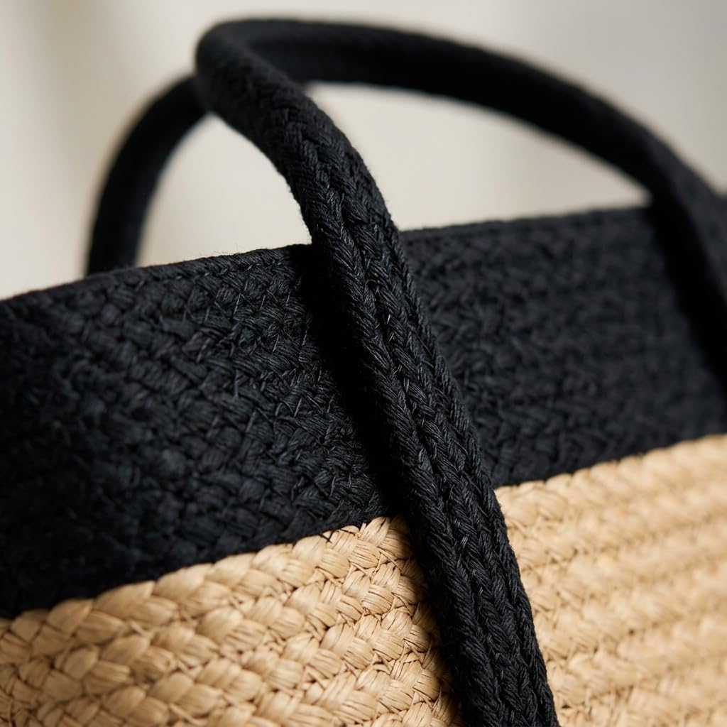 Loom & Luster Handwoven Jute Tote Bag Dual Tone Summer Shoulder Bag | Lightweight Eco-Friendly Handbag for girls and woman (Beige & Black)