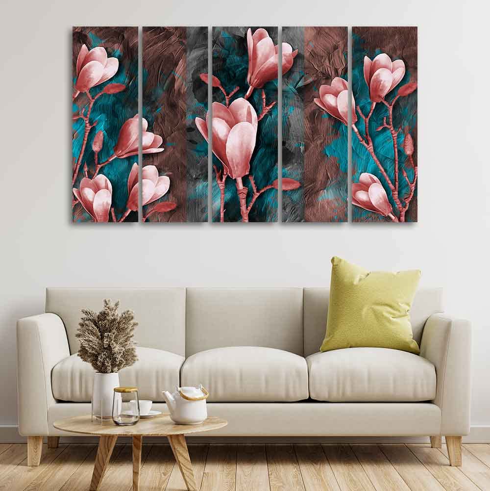VIBECRAFTS Tulips Flower Canvas Wall Hanging of Five Pieces For Home|Office|Living Room|Gift (PTVC5Pcs4_8690)