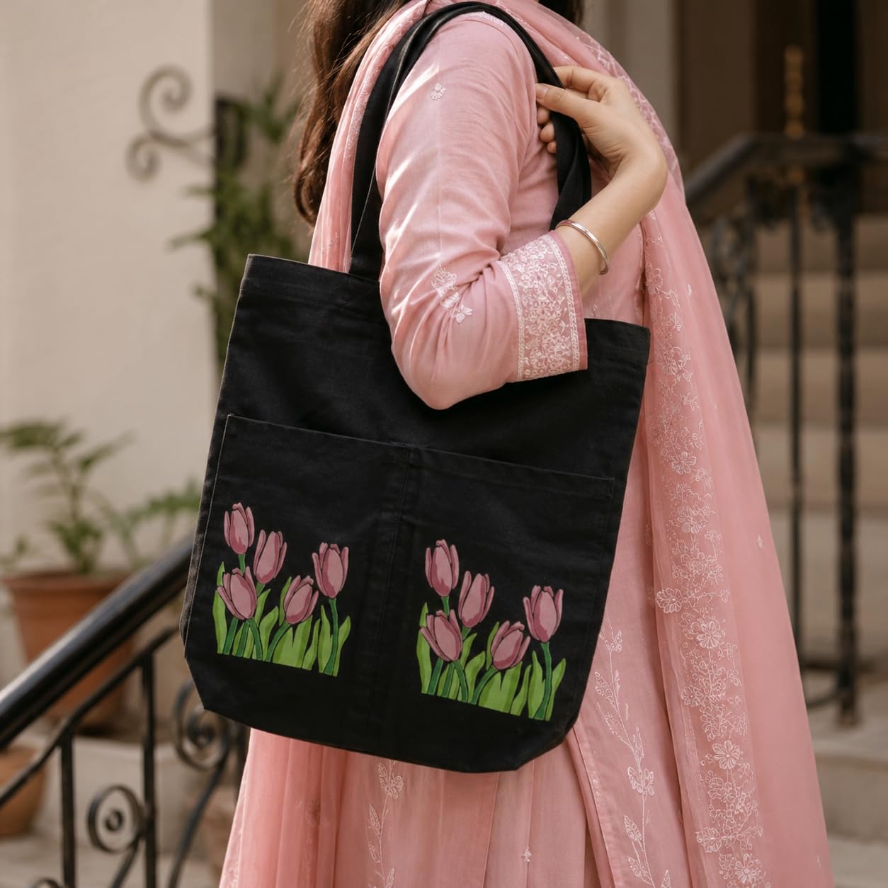 Suryatra Noir Tulip Canvas Tote Bag for Women & Men | Premium Cotton Canvas Shoulder Bag with Dual Front Pockets | Tote Bag for Office, College, Shopping & Travel | Black | 14 x 16 Inches