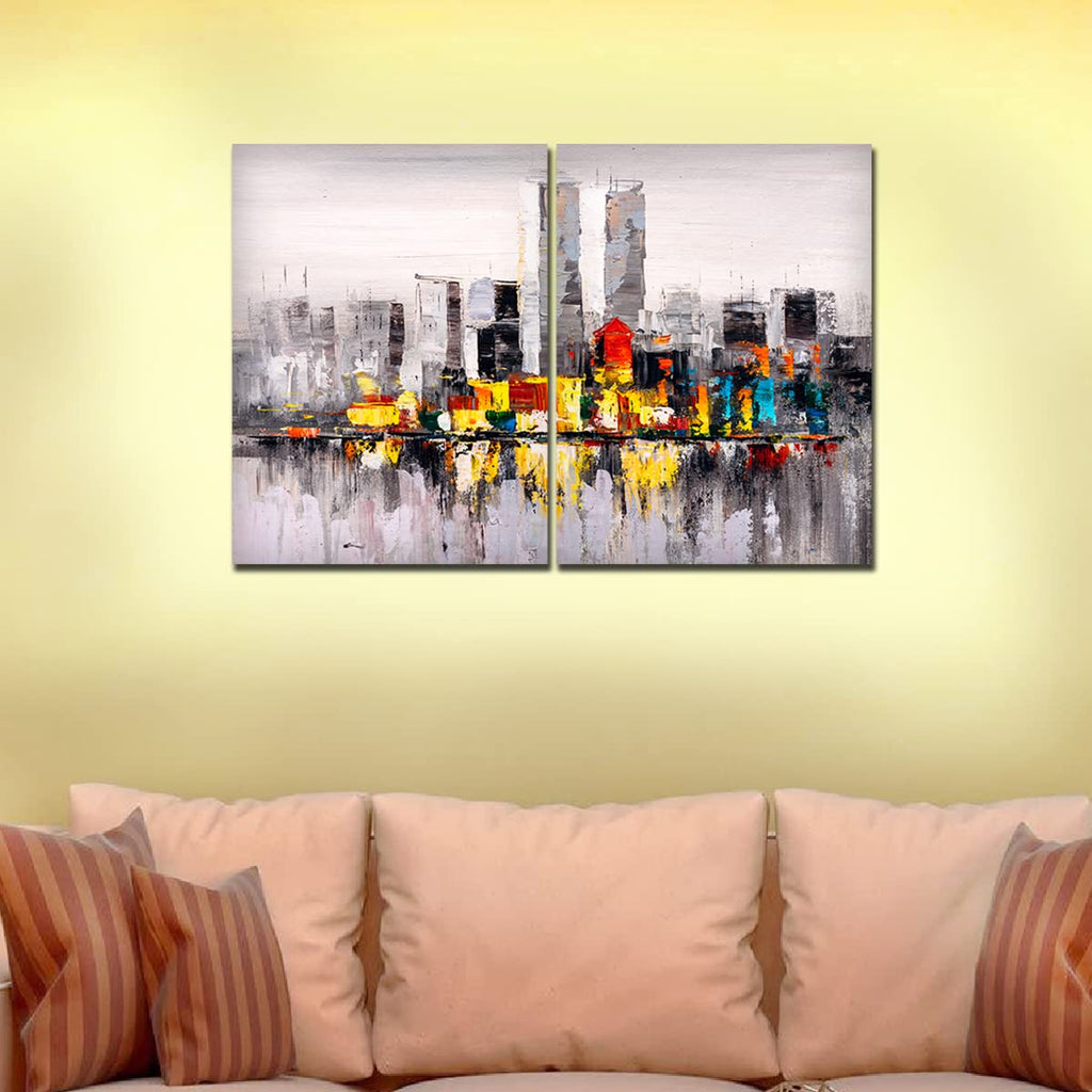 VIBECRAFTS 2 Pieces Beautiful City Canvas Wall Painting Fitted With Wooden Frame For Home | Office | Living Room | Gifts(PTVC2Pcs1_17510)