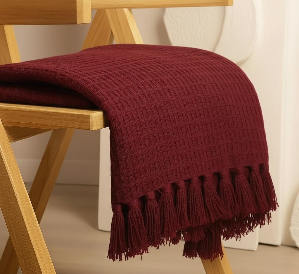 KNIT VIBES 100% Cotton Waffle Weave Sofa Throw Blanket 50x60 Inches or 125x150 cms Lightweight, Soft & Breathable Couch, Bed or Chair Throw Blanket for Living or Bedroom, Cranberry Kafalo