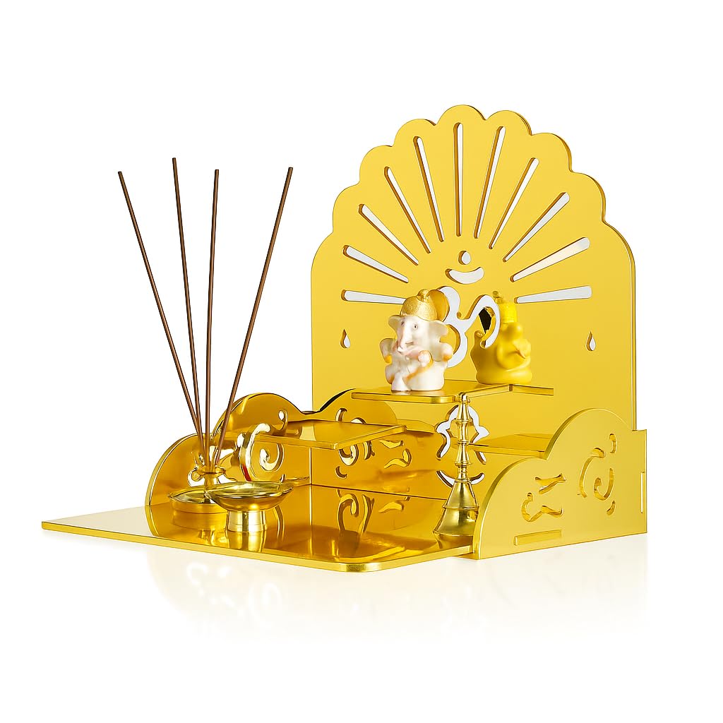 Fliptic Acrylic Wooden Gold Temple with Om Symbol DIY|Wall-Mounted Pooja Mandir,Shining Finish for Home,Office,Shop|Wall Mounted Medium Size Wooden Temple|Gold Colour|Do It Yourself,25 cm,25.5 cm