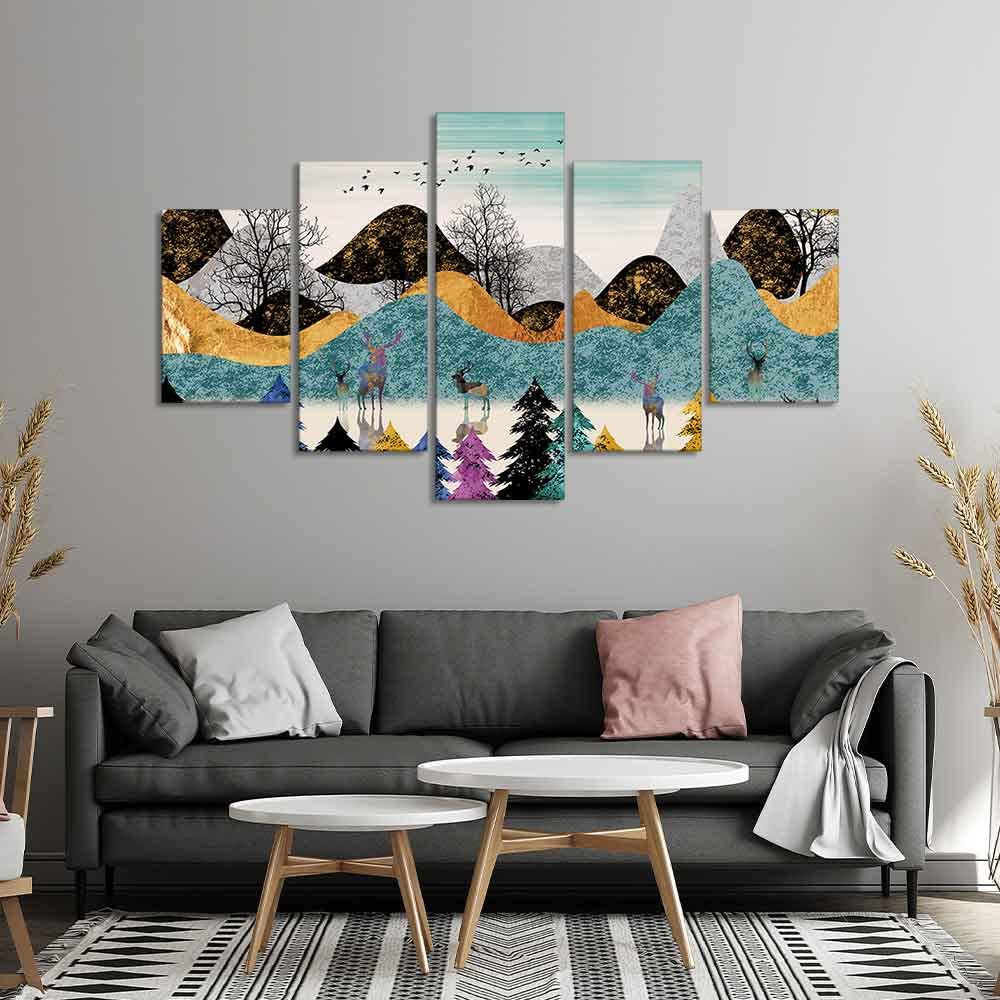 VIBECRAFTS Modern Art Forest Premium Wall Painting Five Pieces Set For Home|Office|Living Room|Gift (PTVC5Pcs1_5531)