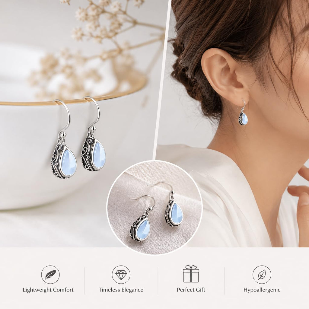 El Regalo Small Vintage Teardrop Earrings for Girls & Women- Elegant Filigree Carved Boho Dangle Earrings, Cut Stone Drop Earrings, Jewelry Gift (White)