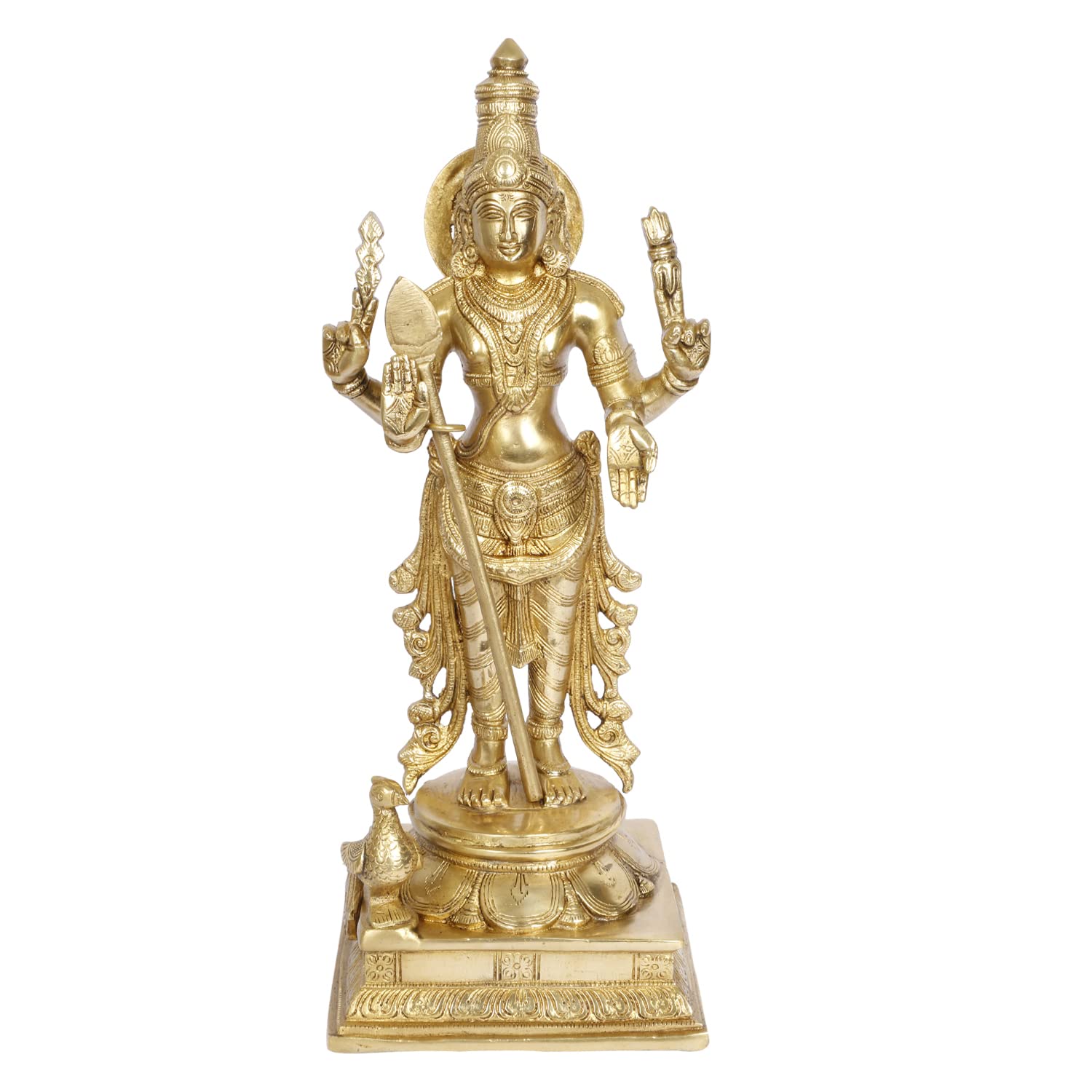 ARTVARKO Brass Lord Murugan Kartikeya Murugana Kumaraswamy Karthikeya Standing Idol with Peacock Swaminatha Skanda Murti Swami Ji Subrahmanya Swamy Height 14 Inch