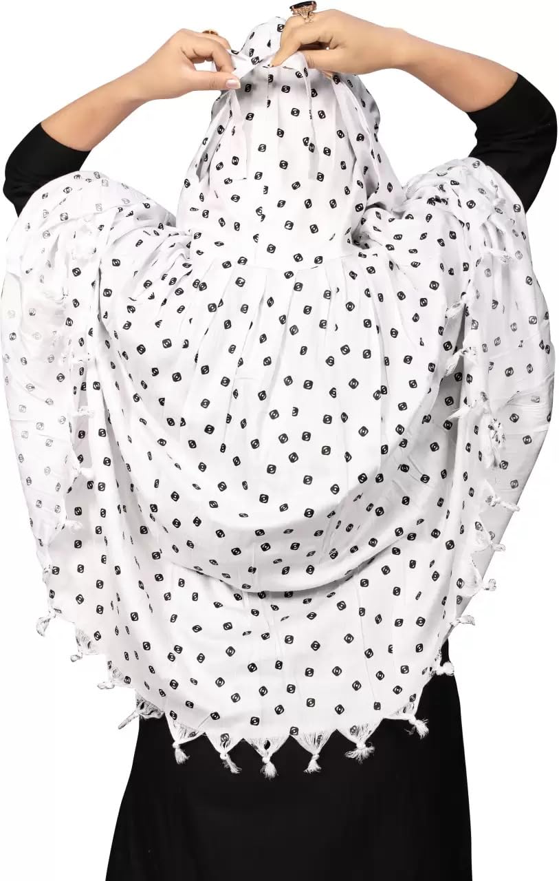 Navvi Pure Cotton Printed White Scarf for Women & Girls | Scarf with Head Cover | Scarves |Bandana| Hijab | Dupatta | Protection from Sunlight, Dust | Usable for Scooty, Bike