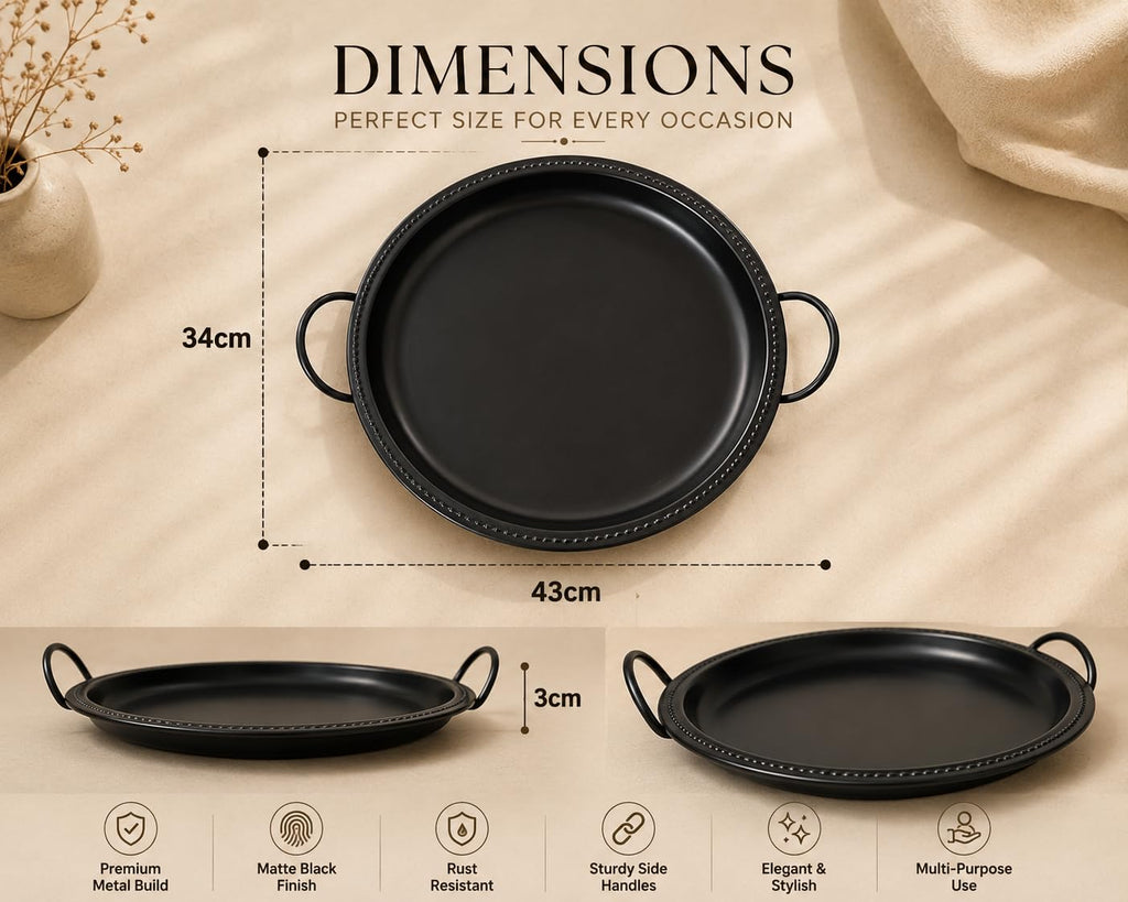 Be Happy Modern Hammered Metal Serving Tray with Handles Round Decorative Platter for Coffee Table Dining Serving Home Decor and Kitchen Use (Black)