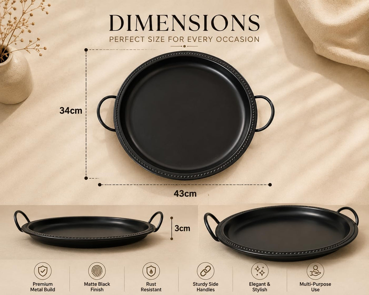 Be Happy Modern Hammered Metal Serving Tray with Handles Round Decorative Platter for Coffee Table Dining Serving Home Decor and Kitchen Use (Black)