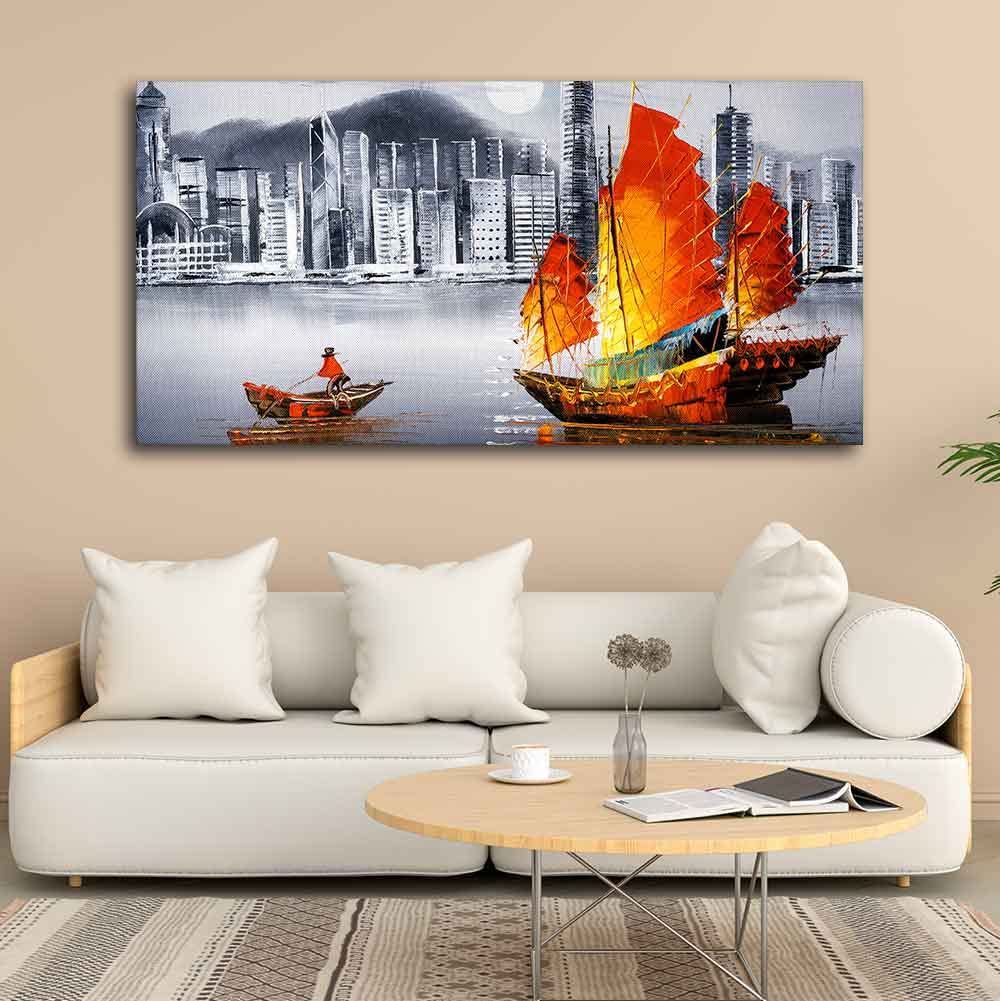 VIBECRAFTS Canvas Paintings for Living Room Drawing Room Premium Wall Painting of Victoria Harbor, Hong Kong Fitted with Wooden Frame for Home|Office|Gift(PTVCH_2284)