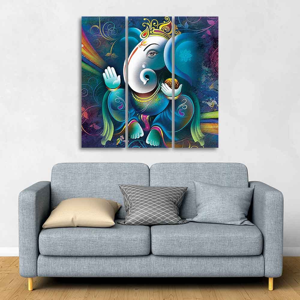 VIBECRAFTS 3 Pieces Shri Ganesha Canvas Wall Painting Fitted With Wooden Frame For Home | Office | Living Room | Gifts (PTVC3Pcs1_9513)