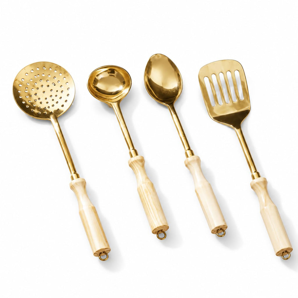P-TAL Brass Ladle Set for Kitchen Ptal Brass Utensils Serving and Kitchen Tools Scoop Ladle Skimmer Serving Spoon Spatula Set of 4 (Free 30ml Copper & Bras Cleaning Solution)