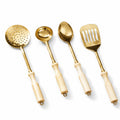 P-TAL Brass Ladle Set for Kitchen Ptal Brass Utensils Serving and Kitchen Tools Scoop Ladle Skimmer Serving Spoon Spatula Set of 4 (Free 30ml Copper & Bras Cleaning Solution)