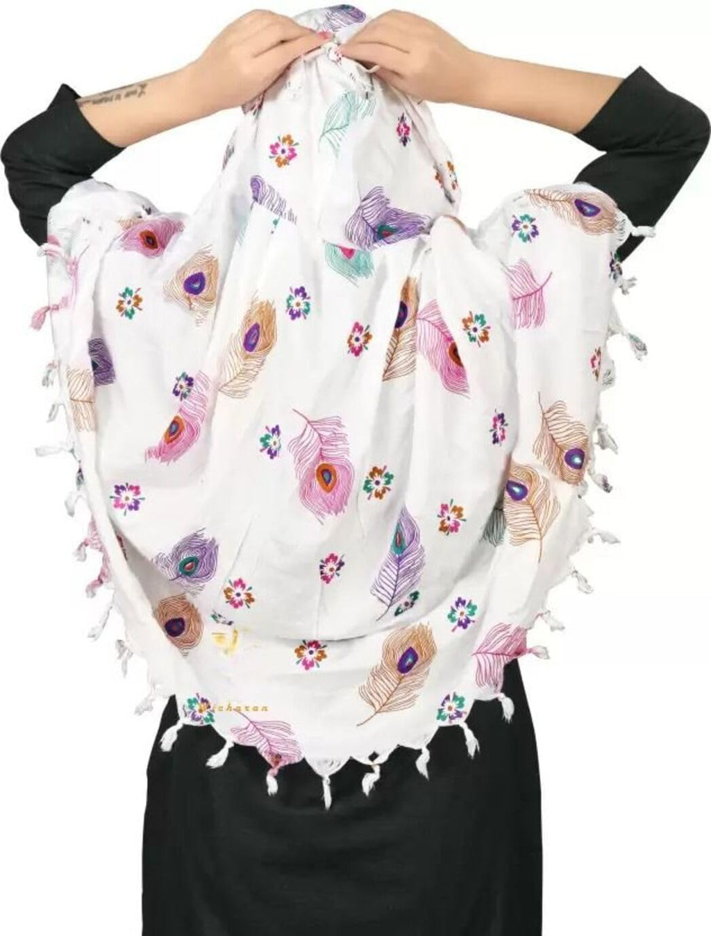 Vinsh Enterprise Cotton Long Scarf Cum Mask Scarves Usable for Vehicle Driver | White Printed Design | Universal Size | For Girl & Women | Soft & Breathable Sun Protection (Feather)