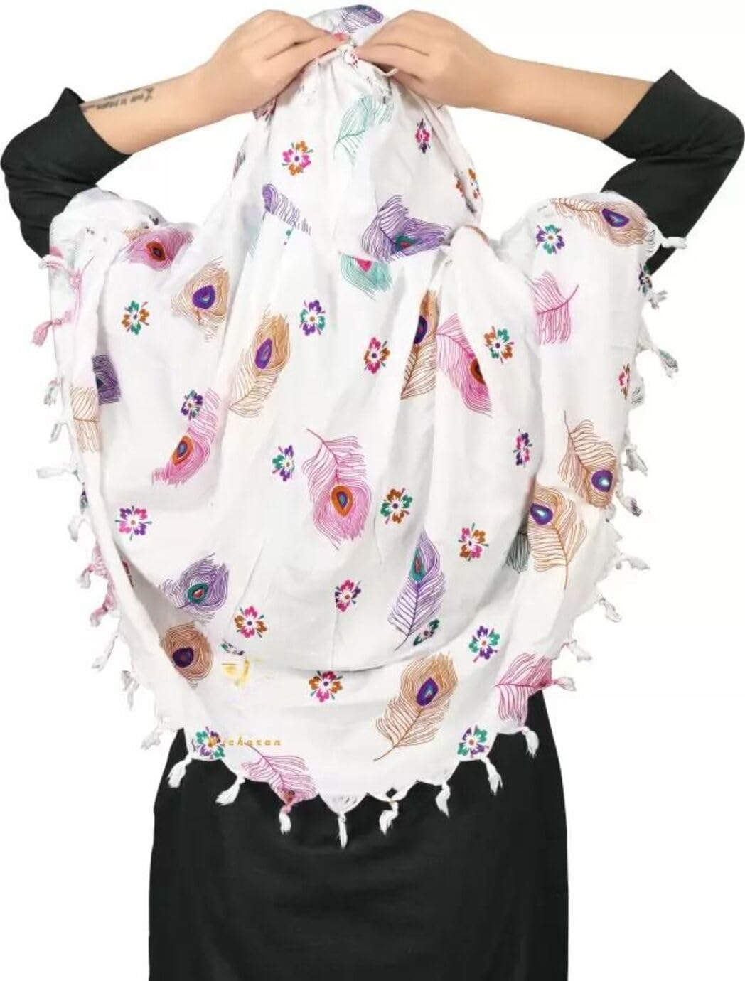 Vinsh Enterprise Cotton Long Scarf Cum Mask Scarves Usable for Vehicle Driver | White Printed Design | Universal Size | For Girl & Women | Soft & Breathable Sun Protection (Feather)